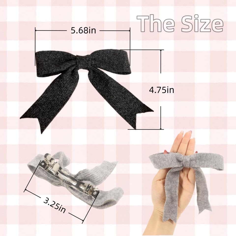 2 Pinzas para el cabello con lazo de punto de lana negro y gris, clips de resorte antideslizantes para cabello fino y grueso, accesorios decorativos elegantes para invierno y atuendos diarios miniatura 4