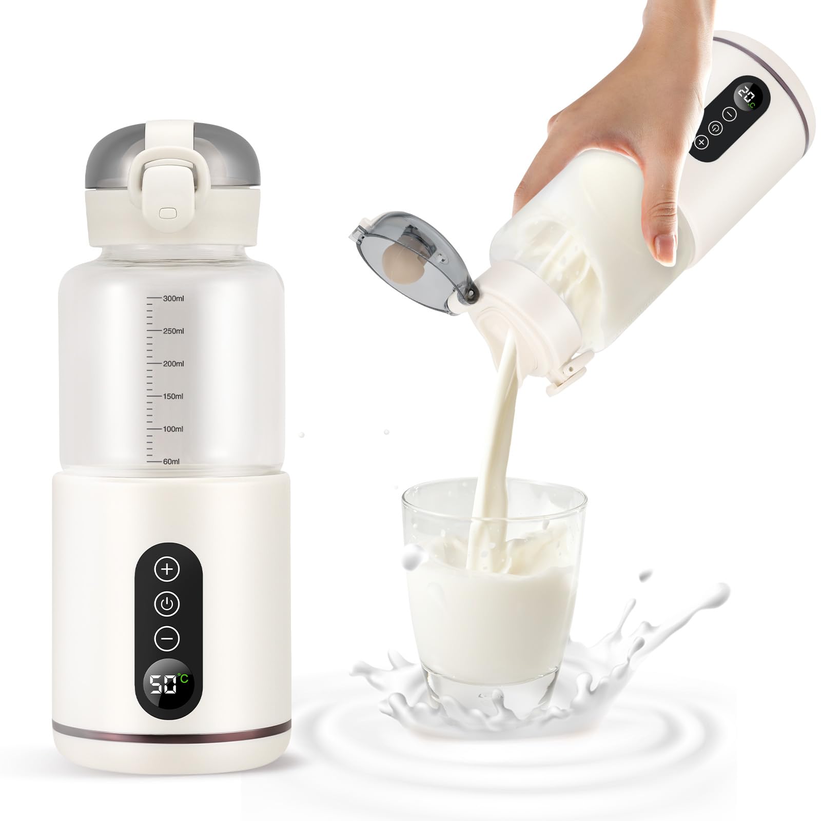 Chauffe biberon Portable sans fil 300ML, Chauffe Biberon de Voiture Température Réglable de 37°C a 55°C, réchauffement rapide et contrôle précis de la température, Rechargeable par USB pour Voyages