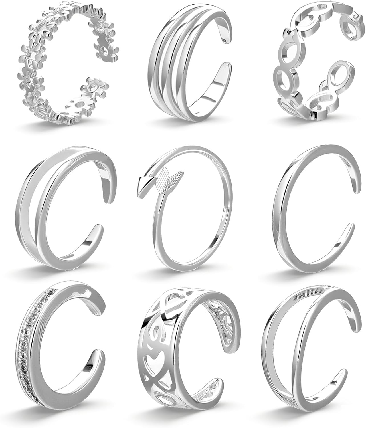 9PCS Toe Rings for Women, Silver Non Tarnish Summer Toe Rings | Simple Open Adjustable Toe Ring Set for Summer Beach Foot Jewelry