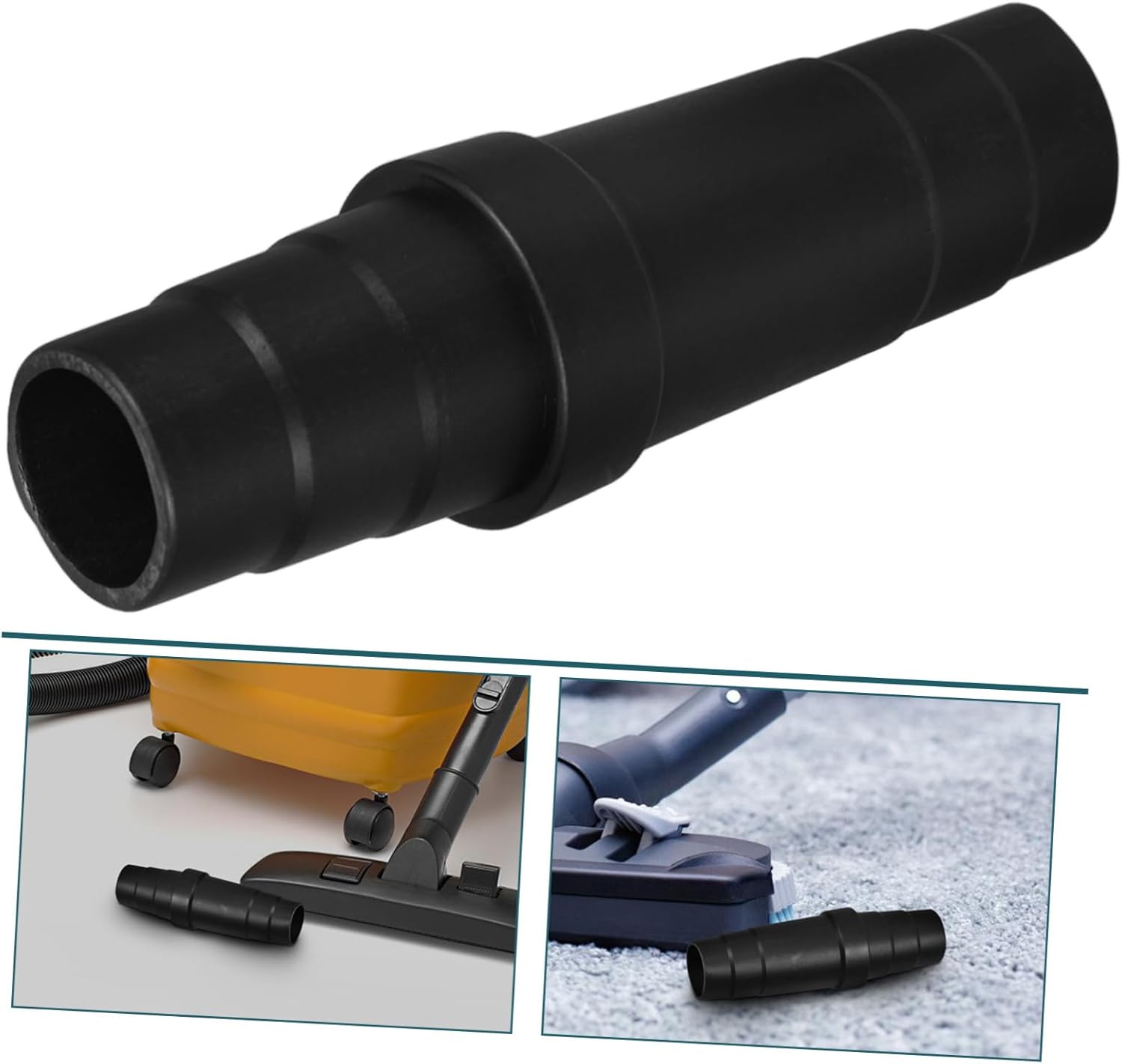 Два бывшихamples of the Cabilock Universal Vacuum Cleaner Adapter in use: one with a floor nozzle on a hard floor, and another on a carpet.