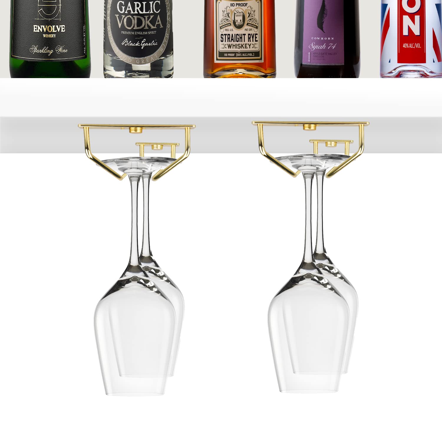 Yimerlen 7 Inch Long Single Rail Wine Glass Rack Under Cabinet Cupboard, Metal Stemware Holder Wine Glass Holder Wine Glass Hanger for RV Mini Bar Kitchen Storage (Gold- 4 Pack)