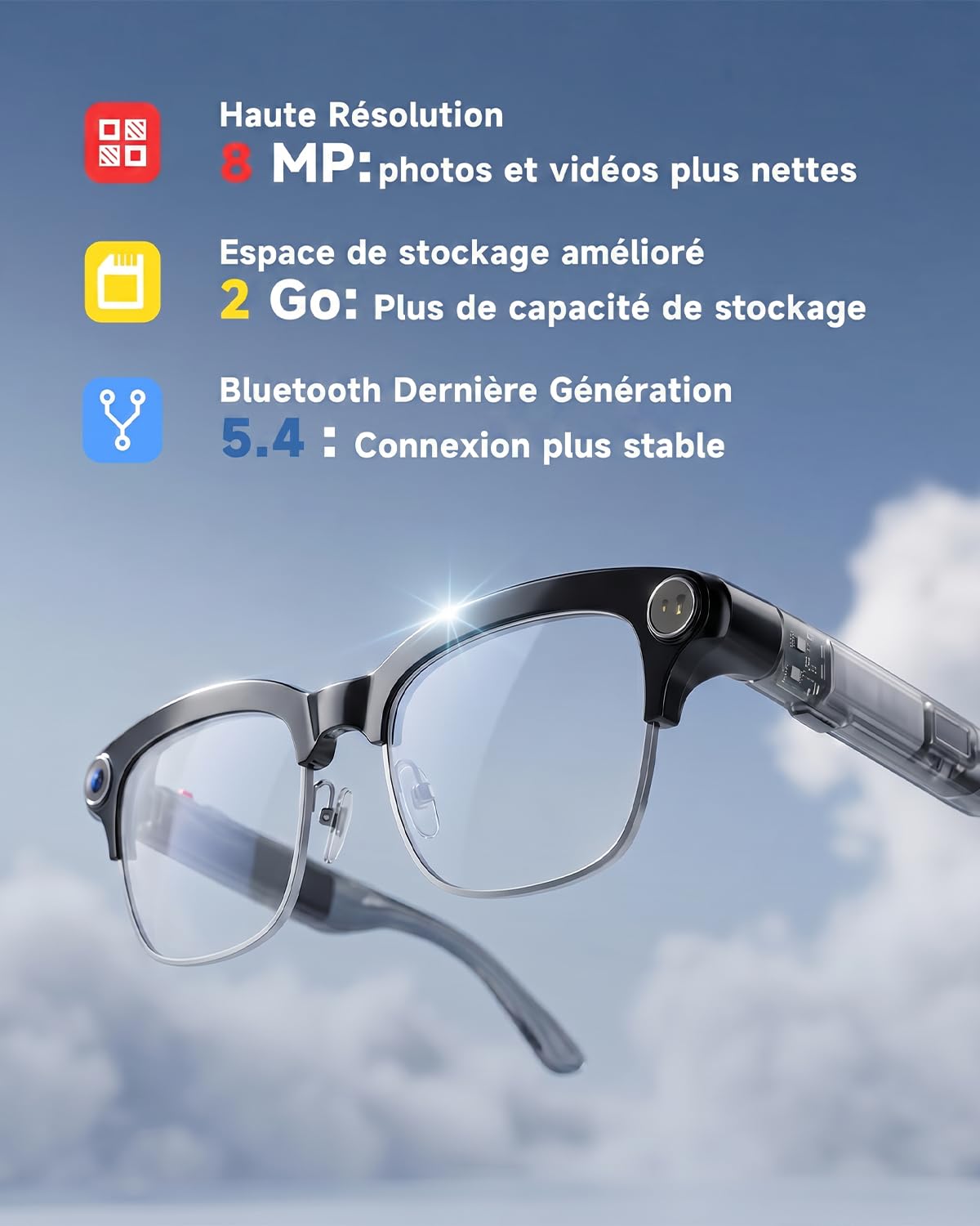 TOOBUR Lunettes connectées AI avec Appareil Photo 8MP, vidéo HD 1080P Anti-Flou, Traduction en Temps réel & Assistant Vocal, appels Bluetooth & Audio à Oreille Ouverte pour vlog, Voyage & réunions