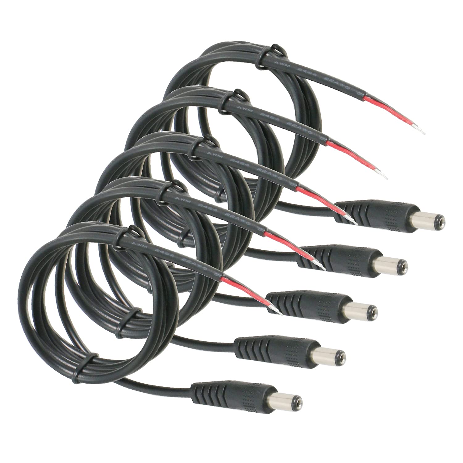 5Pcs DC Power Pigtail Cable Wire, 24V12V 5A Male Connectors for CCTV Security Camera and Lighting Power Adapter DC5521(2.1 x 5.5m), Black