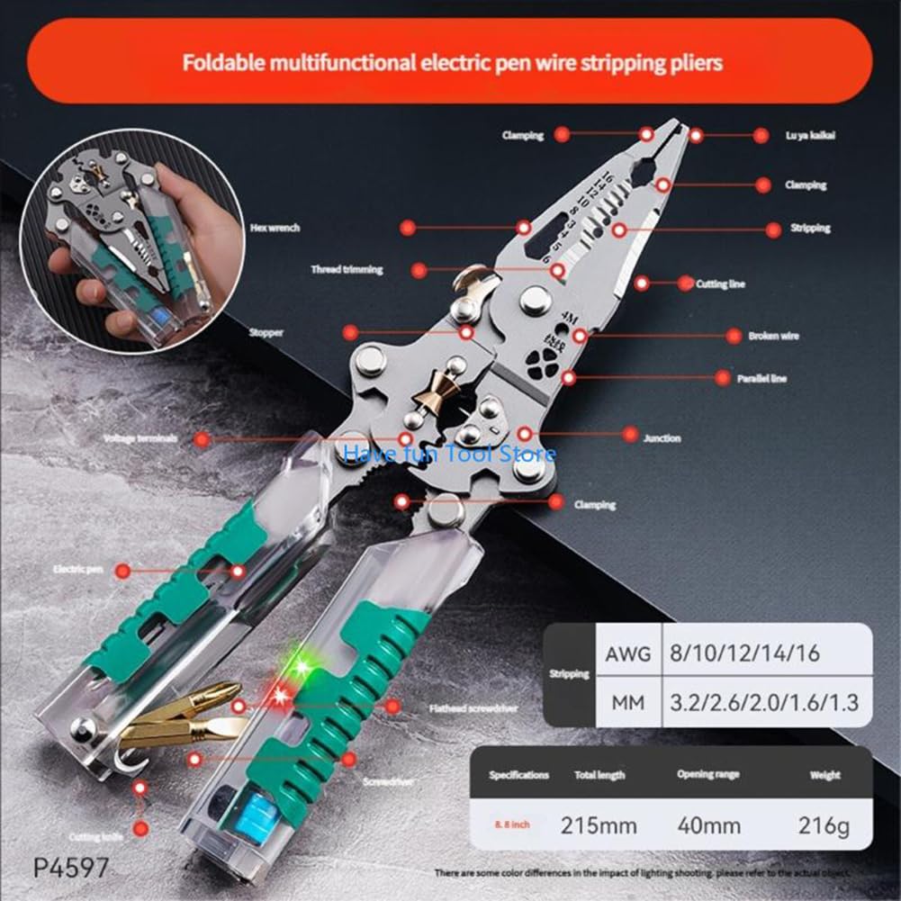 Professionale Pinza Spelafili 18 in 1 Pieghevole con Tester di Tensione 22.4cm Acciaio