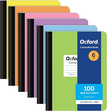 Oxford Composition Notebooks, 6 Pack, Cover Colors Vary, Wide Ruled Paper, 9-3/4 x 7-1/2 Inch School Journals, Assorted Pastel Covers, 100 Sheets, per Book 63759