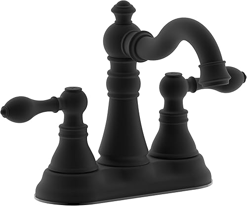 Grifo de baño de dos manijas negro mate de 3 agujeros con montaje de drenaje desplegable, grifo de lavabo clásico de 4 pulgadas con boquilla