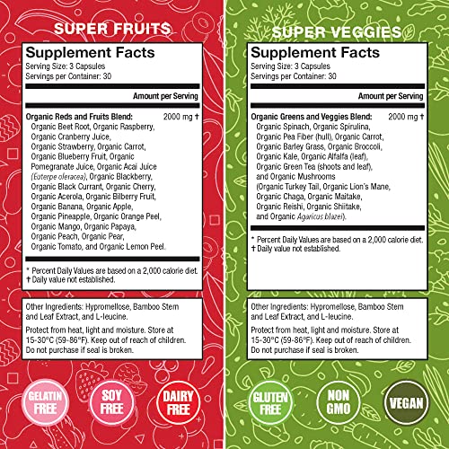 Terra Kai Organics Organic Super Fruits And Veggies Supplement Gluten / Gelatin Free, Non Gmo, Soy Free & Vegan | Reds And Greens Superfood Capsules | 23 Fruits & 16 Vegetables (180 Count) #TOP1