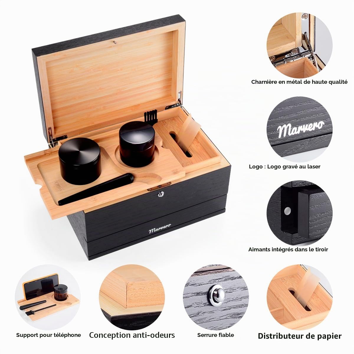 Grande boîte en bambou de avec plateau à rouler – boîte de rangement avec serrure – Plateau amovible avec d'autres outils (25 * 18 * 14 CM) Noir | Tiroir magnétique, 2 conteneurs anti-odeurs, tube avec brosse, support téléphone, distributeur de papier et