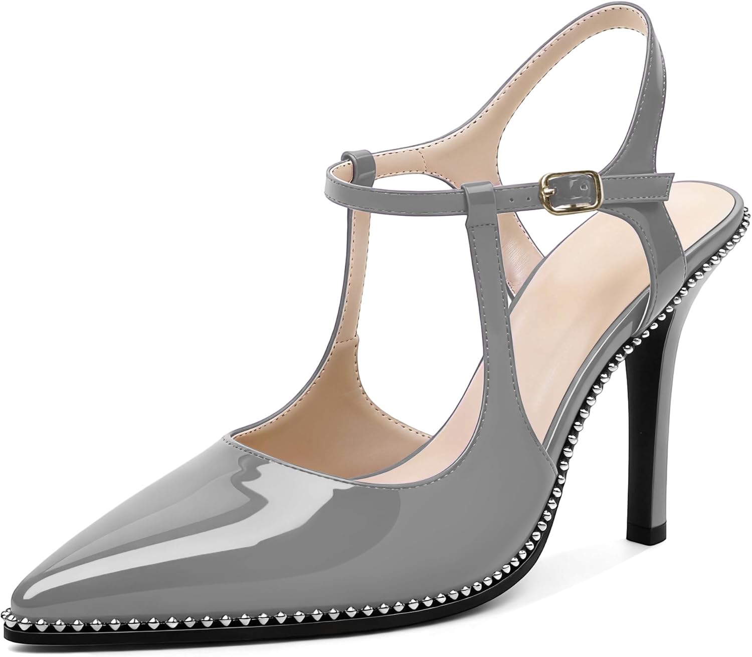 SAMMITOP Womens High Heels Ankle Strap Pointed Toe Stilettos Patent Leather Beaded Pumps Dress Shoes 3.5 Inch