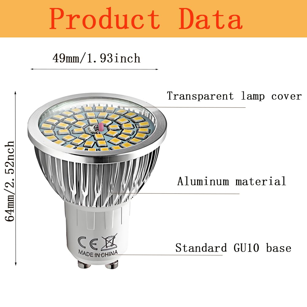 Zestaw 12 super jasnych żarówek LED GU10 6 W, ciepła biel 3000 K-4000 K, odpowiednik 60 W, 550 lm, AC 85 V-265 V