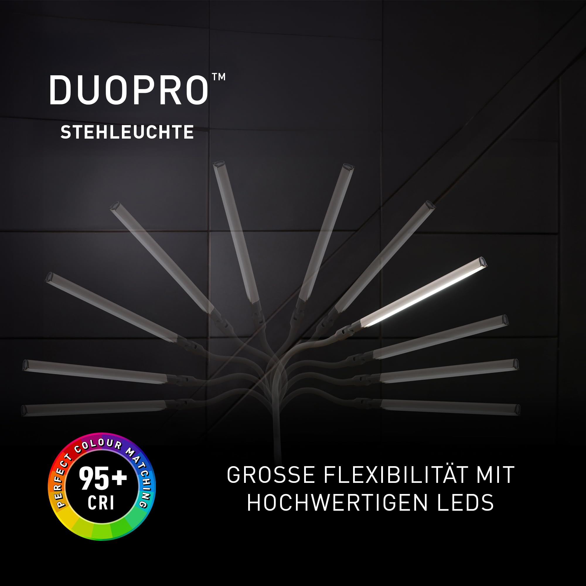Daylight DuoPro™ LED Stehlampe – Doppelschirm, 6000K, 2090 Lux, 4 Helligkeitsstufen, Flexibler Arm, Stehleuchte für Wohnzimmer, Salons, Wimpern-, Augenbrauen- & Tattoo-Arbeit, Weiß