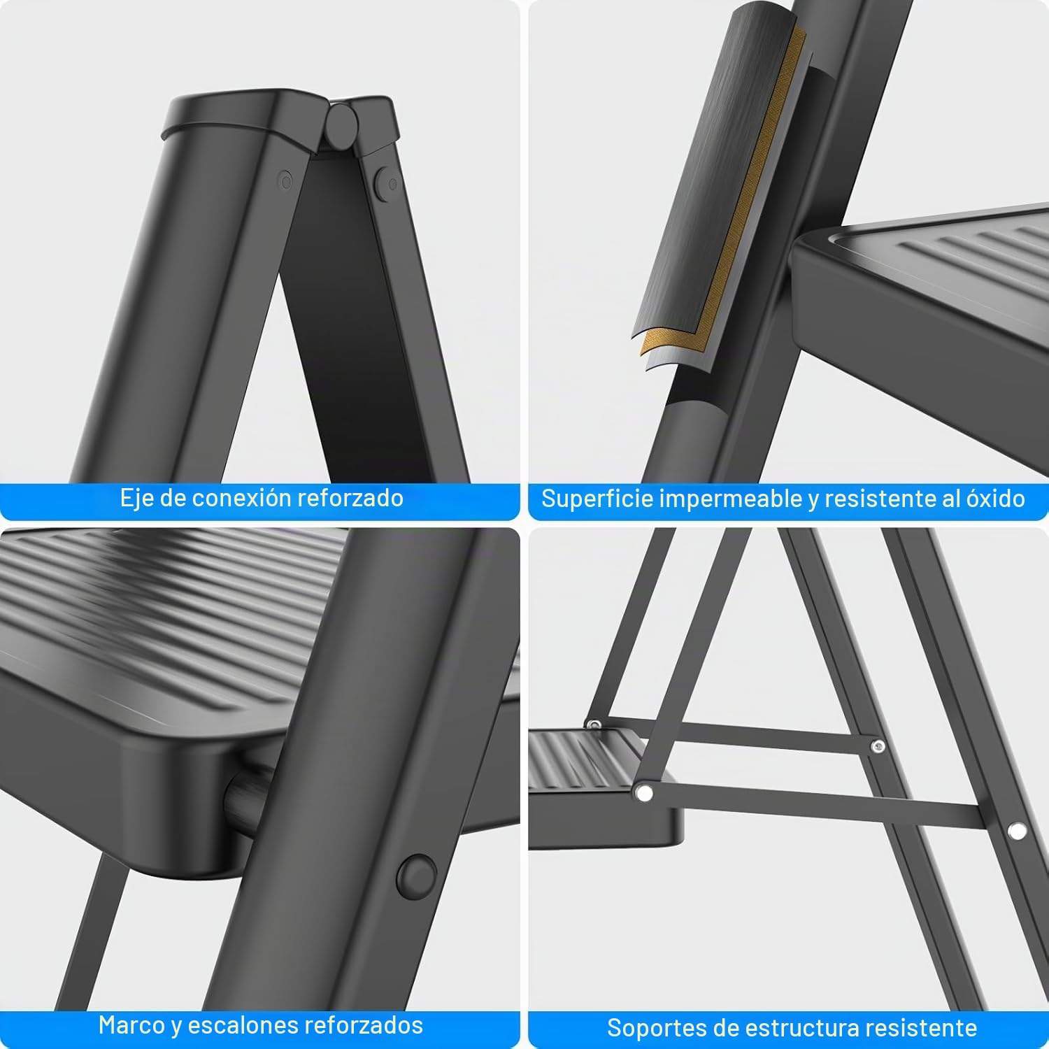 Escalera plegable de 2 peldaños para cocina, bricolaje y jardinería, escalera de acero resistente, capacidad de 150 kg con gran plataforma antideslizante, escalera portátil y fina, negra