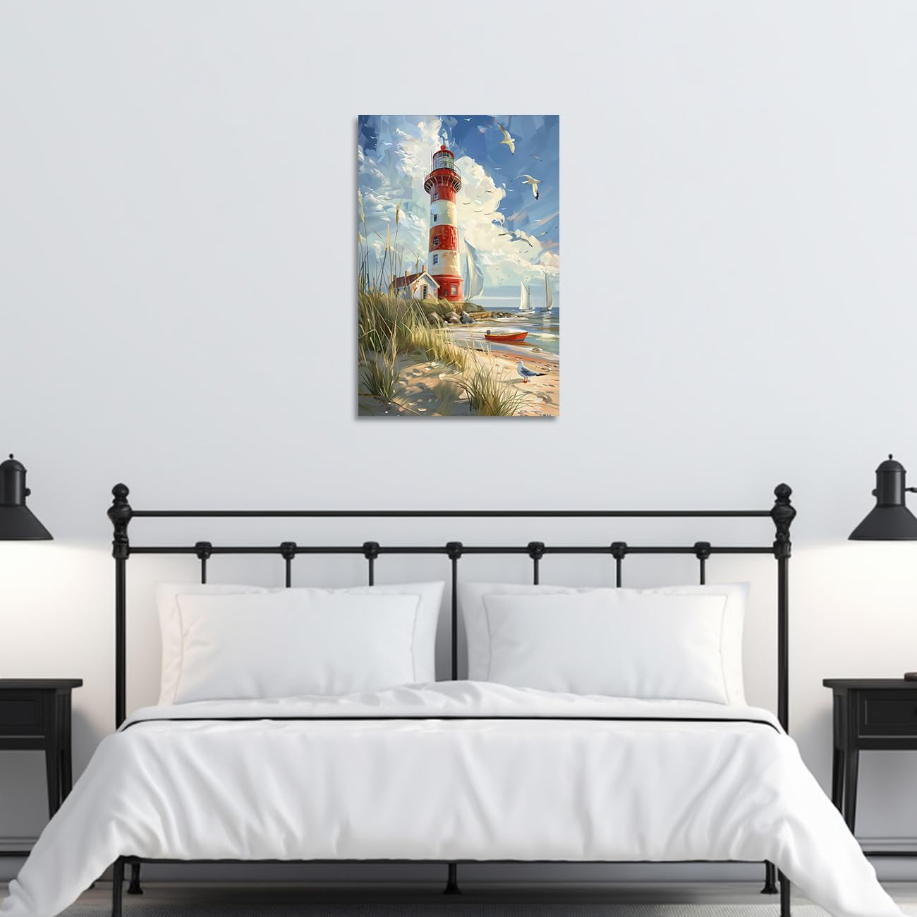 ZQQART Leinwandbild Leuchtturm Ozean rote Streifen Küstenbild Gemälde Strand Boot Möwen Kunstwerk Heimwanddekoration 60x90cm