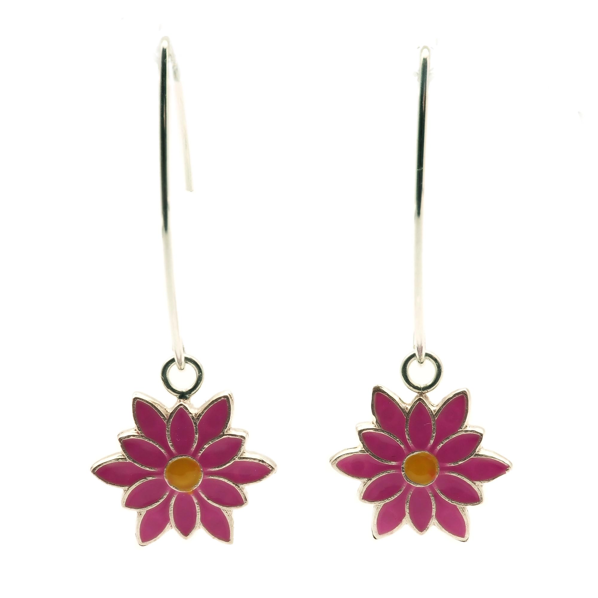 Pendientes Flor de Dalia en Plata 925 Esmaltada Magenta y Amarillo