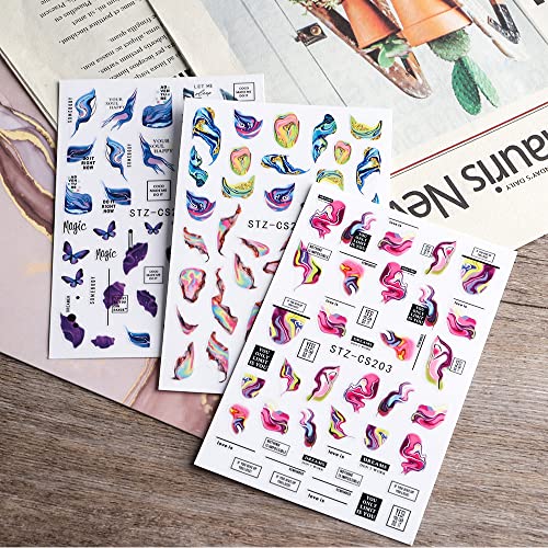 Rtkhfze 6Pcs Marble Nail Stickers For Nail Art Watercolor Nail Decals 3D Self Adhesive Nail Art Supplies Colorful Stripe Word Butterfly Nail Art Stickers For Women Manicure Tips Decorations, 6Sheets #TOP6