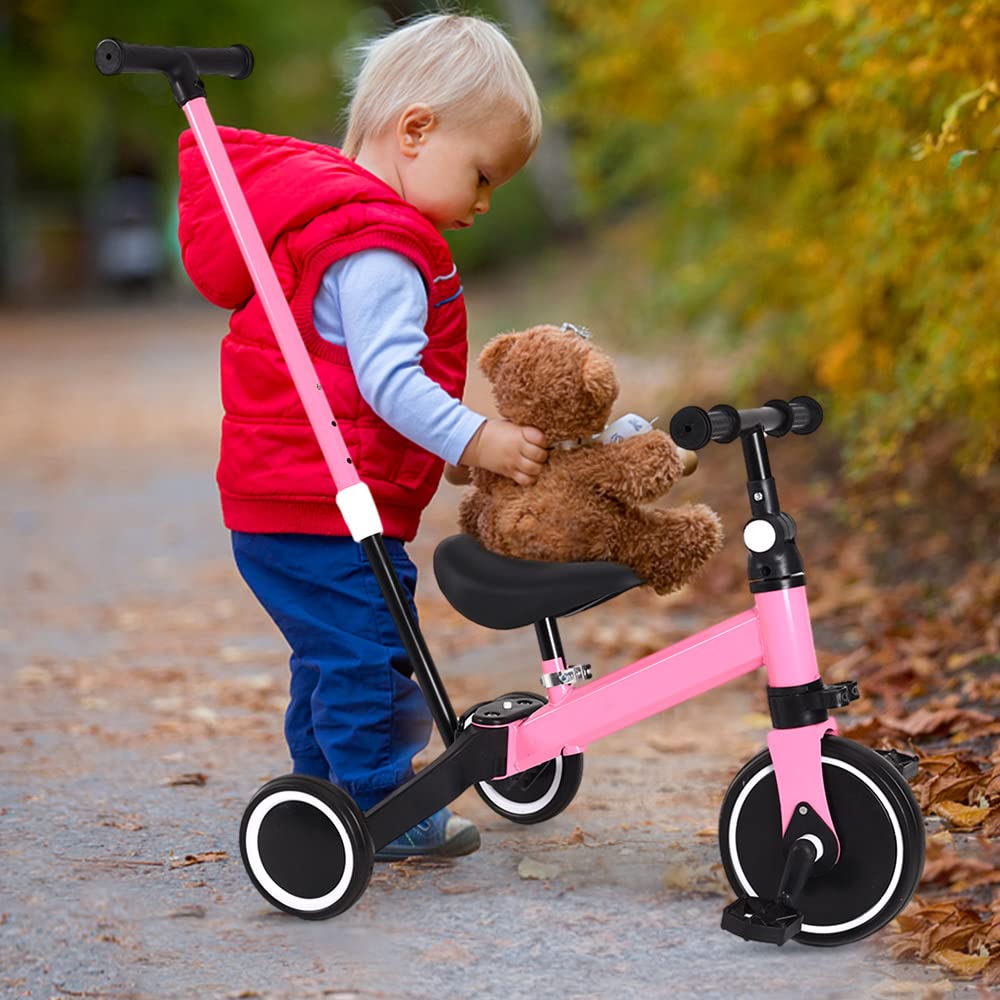 bicicletta per bambini con frizione,Triciclo 3 in 1 con manico scorrevole per bambini da 1 a 3 anni, ruota pieghevole, ruote più grandi, pedali rimovibili, 3 in 1 (rosa)