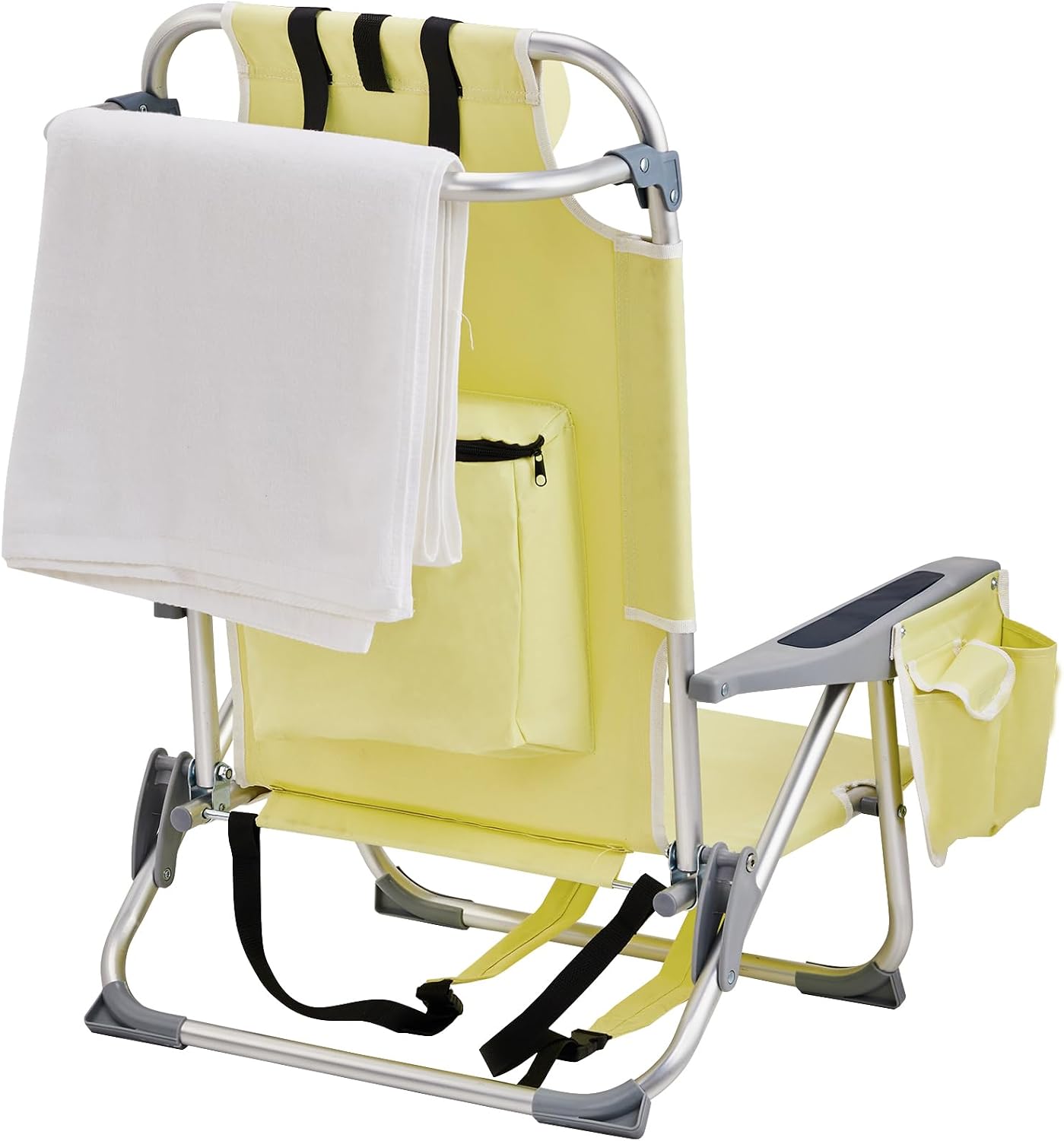 Vasitelan Outdoor Folding Backpack Beach Chair with 5 Positions, Towel bar, Cooler Pouch, Cup Holder,Folding Beach Chair with Backpack Straps (Yellow, Short)