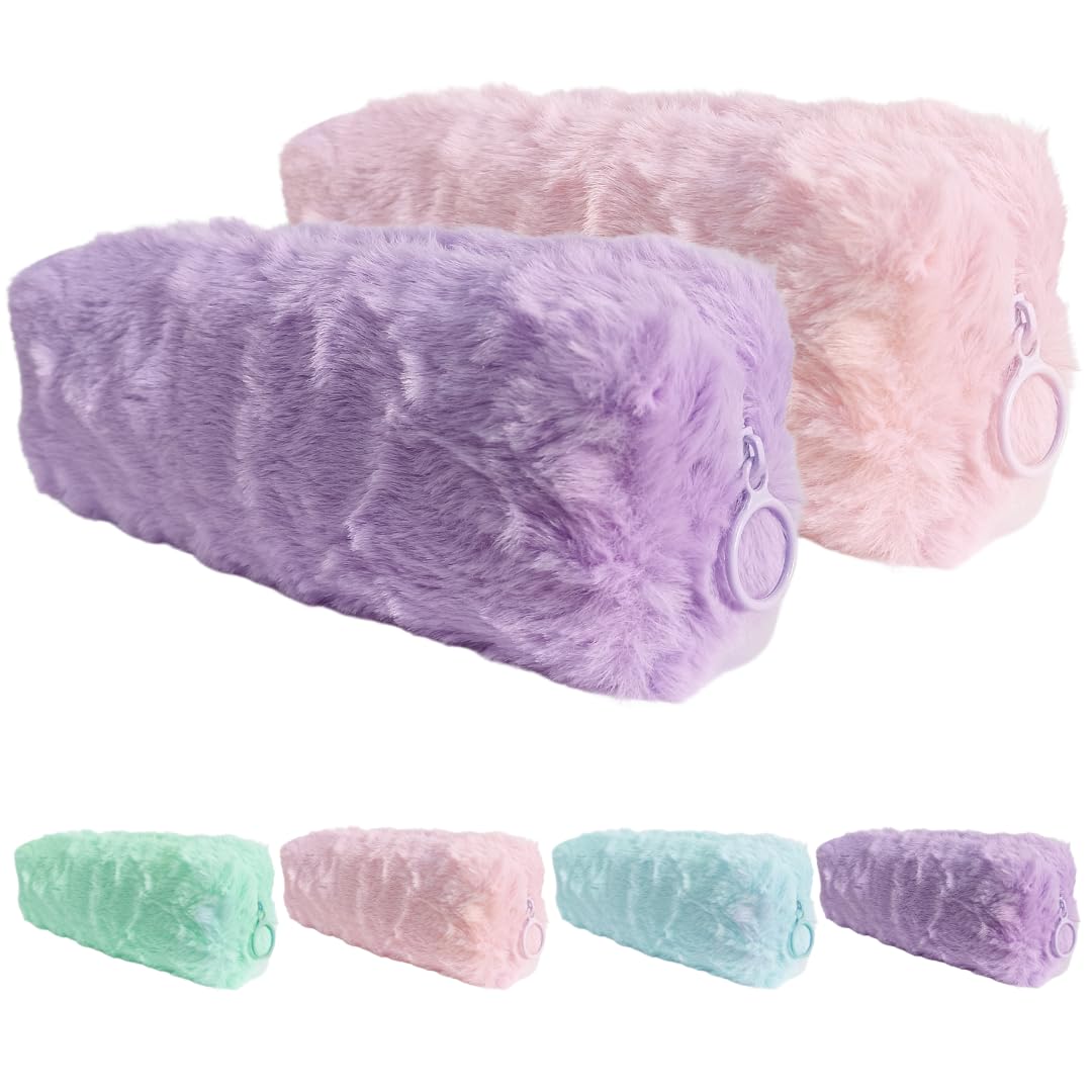 Pack 2 Estuche Escolar para Mujer o Niña - Estuches Escolares para Guardar Material De Papelería O Maquillaje De Peluche En Color Pastel - Neceser Pequeño De Un Compartimento (Rosa Morado)
