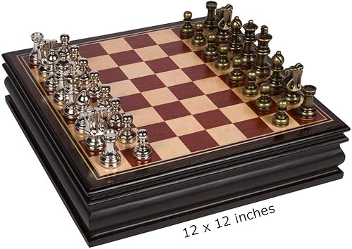 Miniatura 3 de Bancroft - Juego de mesa de madera con incrustaciones de ajedrez con piezas de metal, tamaño King de 2.5 pulgadas y reinas adicionales (juego