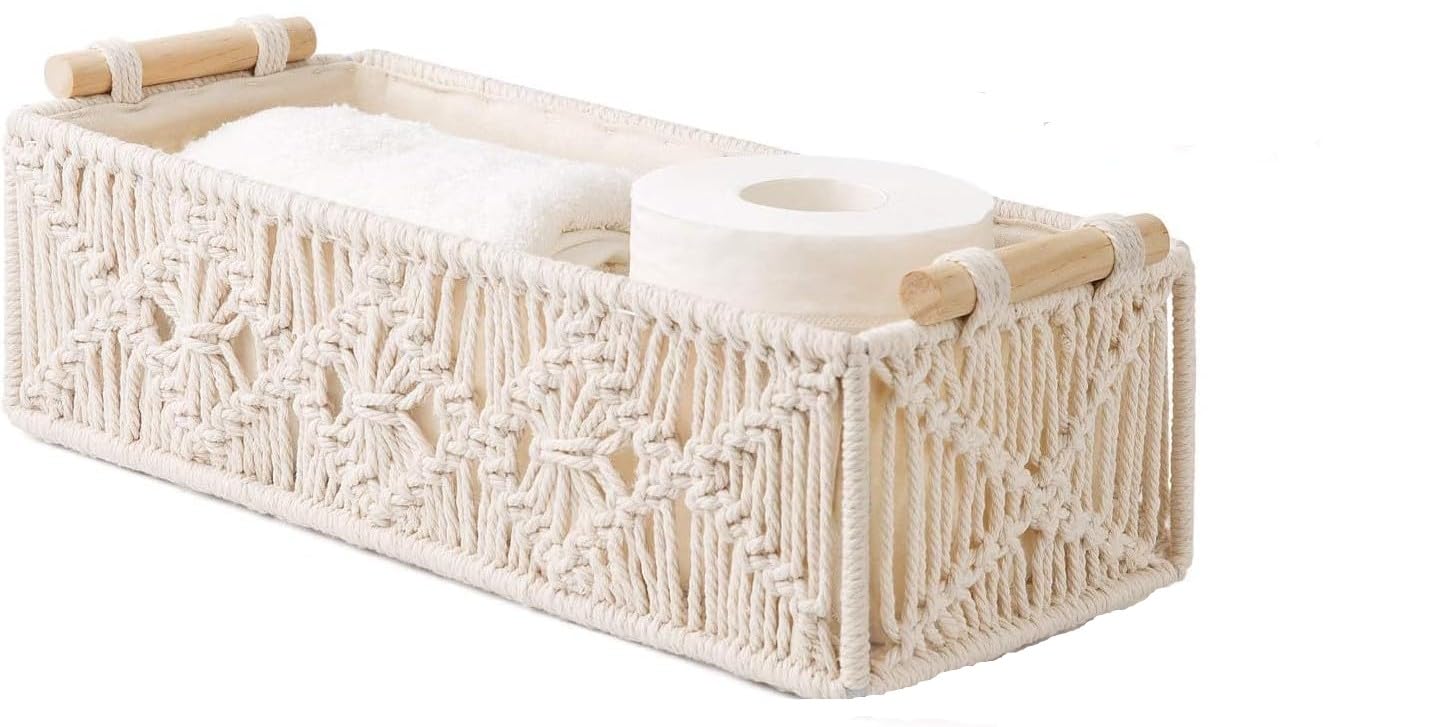 Macrame Storage Baskets Boho Decor Box for Organizing, Handmade Woven Decorative Basket for Countertop Toilet Tank Shelf Cabinet Organizer Bedroom Livingroom Home