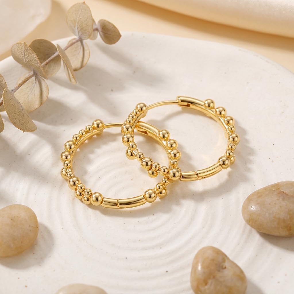14K Gold Earrings for Women Gold Hoop Earrings for Women Hoop Earring for Womens Hoops Three-dimensional Beads Embrace the Sleek Circular Hoops Earring for Womens