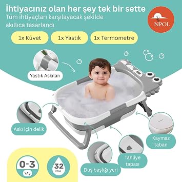 Tam Katlanır Termometreli Yeni Doğan Küveti – Yıkama Yastıklı, Avrupa Sertifikalı Bebek Küveti - Gri
