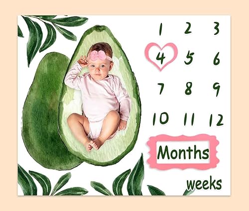 PHMOJEN BTXTPH378 - Manta mensual de hitos de aguacate para bebé, acuarela, frutas verdes, hojas tropicales, globos, tabla de crecimiento, 48 x 40