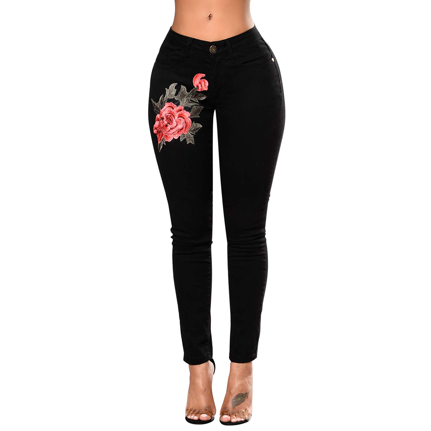 StarTreene Womens High Waist Skinny Stretch Ripped Floral Embroidered Jeans Destroyed Denim Pants