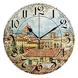 ABLINK Vintage Italian Florence Round Wall Clock, Silent Non Ticking Oil Painting Home Office School Decorative Clock Art