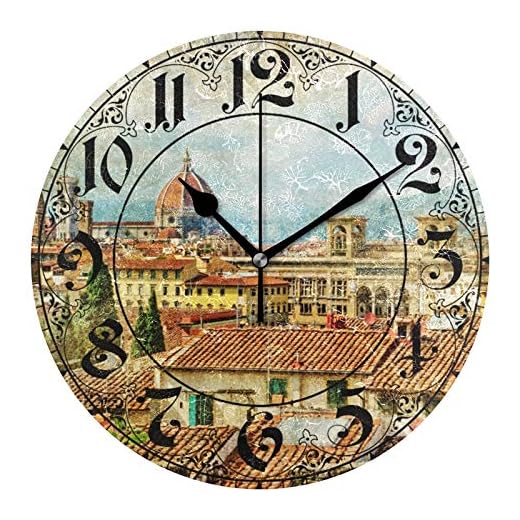 ABLINK Vintage Italian Florence Round Wall Clock, Silent Non Ticking Oil Painting Home Office School Decorative Clock Art