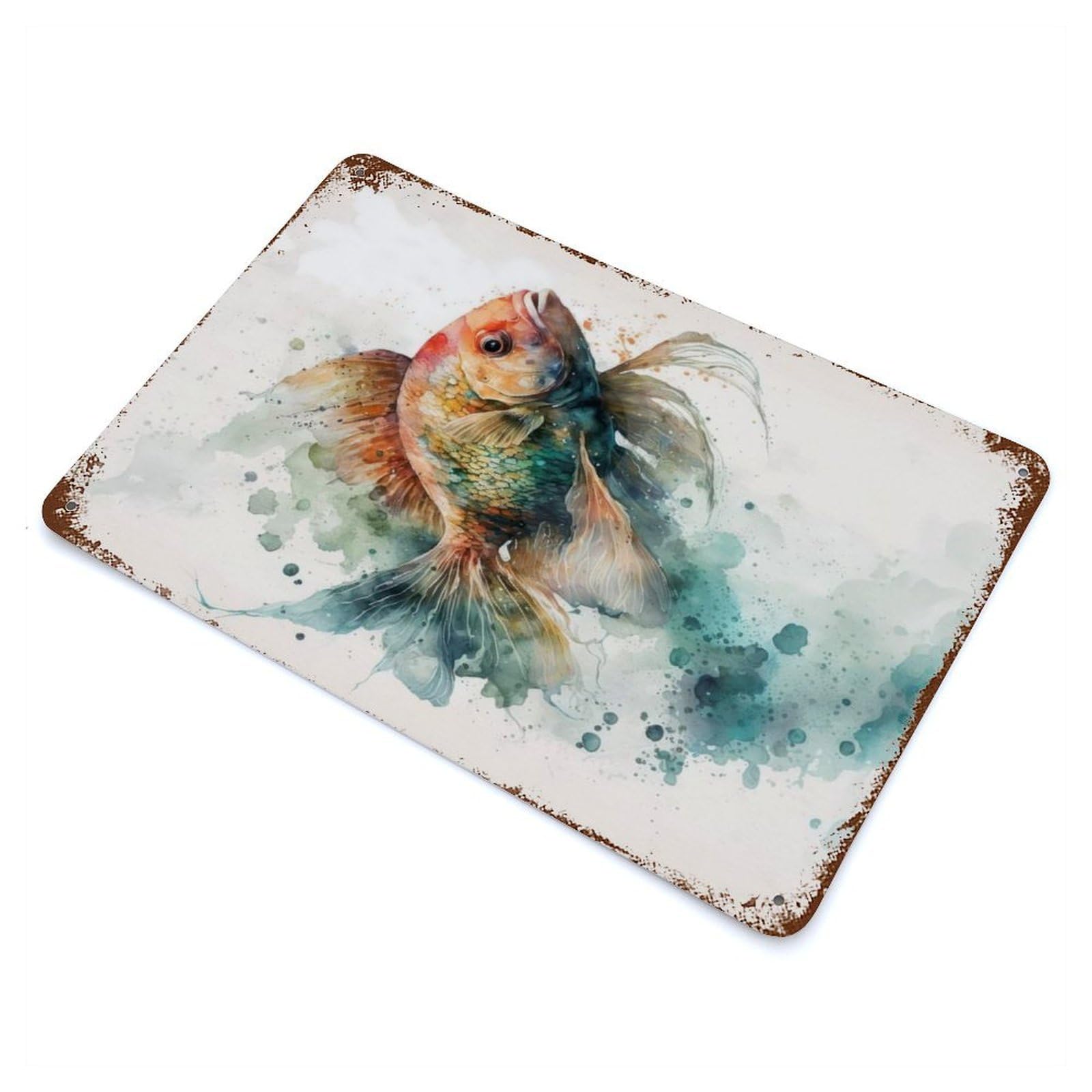 Fish Watercolor 11.8"x7.9" Rust Effect Tin Sign, Rustic Home Decor for Office, Studio And Wall Decor