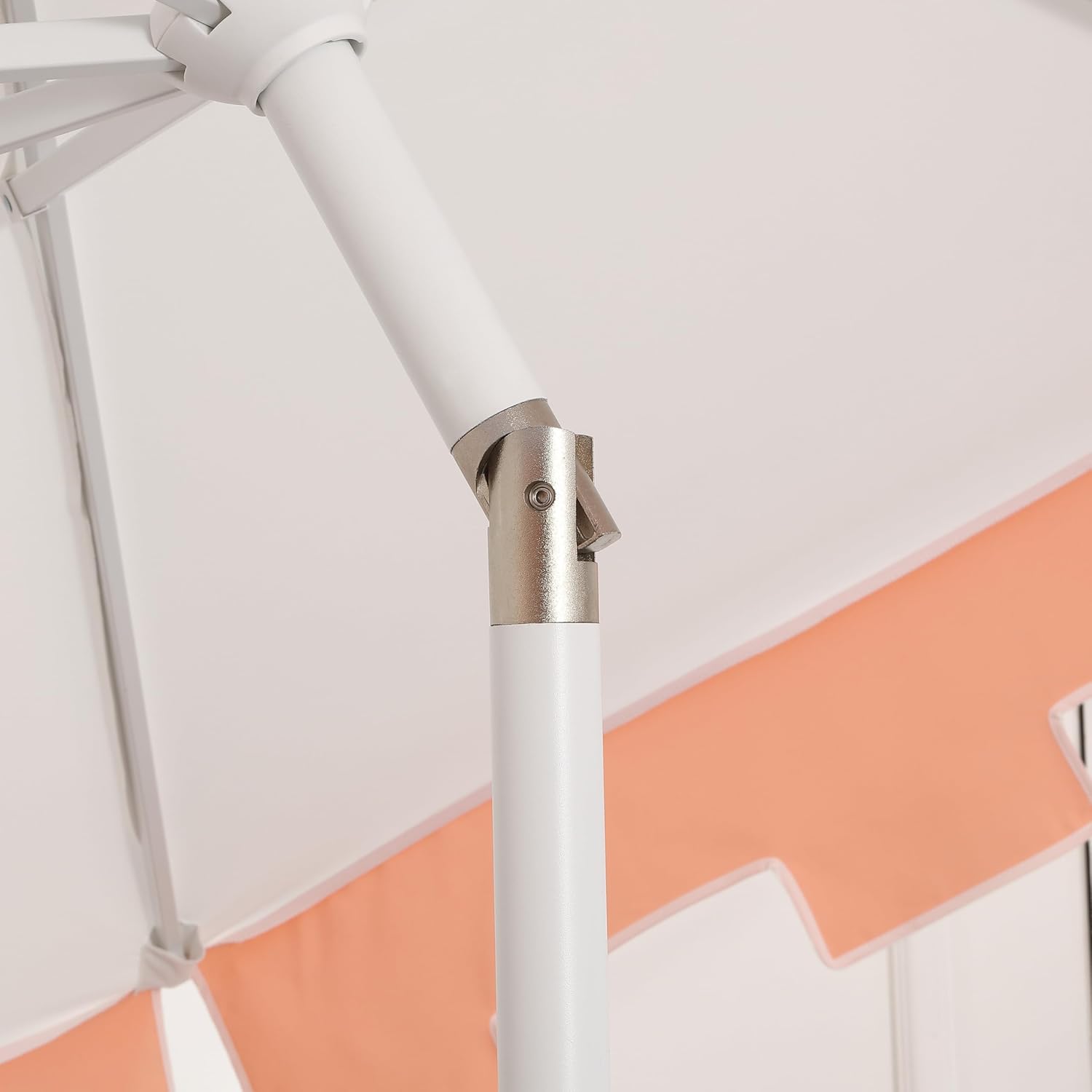 JONATHAN Y UMB1000C Baiona 9 ft. Classic MidCentury Market Patio Umbrella with UV Protection, Auto-Tilt, Crank and Wind Vent in White/Coral Pink - Image 10