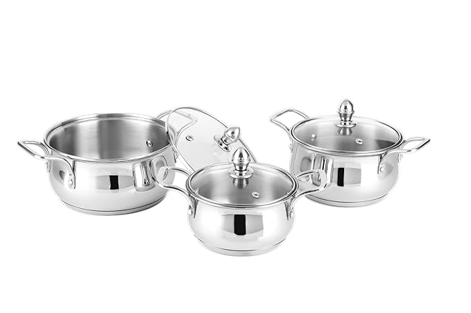 Steelcraft Premium Stainless Steel Induction Bottom AlmoraCookware Family Combo Best for Cook and Serve Set of 3 pc Casserole (14cm, 850ml) (16cm, 1300ml)(18cm, 1800ml) with Glass Lids, Silver at Rs. 998