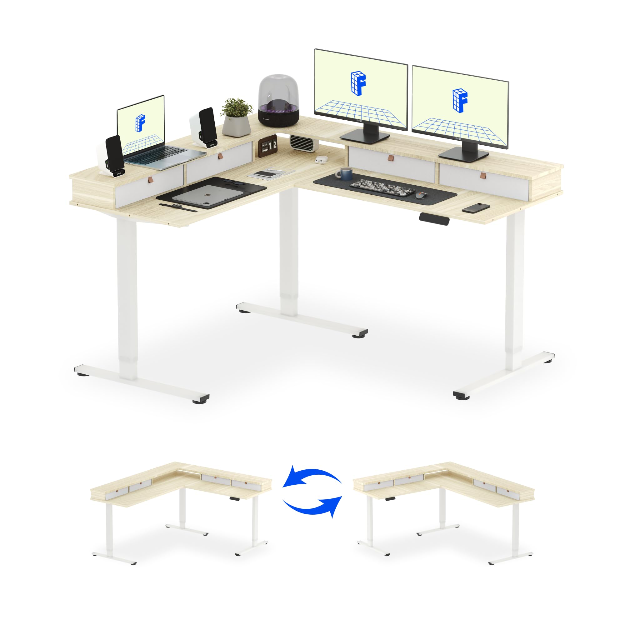 FlexiSpot FLEXISPOT 63" L Shaped Standing Desk with Shelf Electric Corner Table, Drawers, Adjustable Computer Workstation for Home, Office, 63x55in, Light Maple Top + White Frame