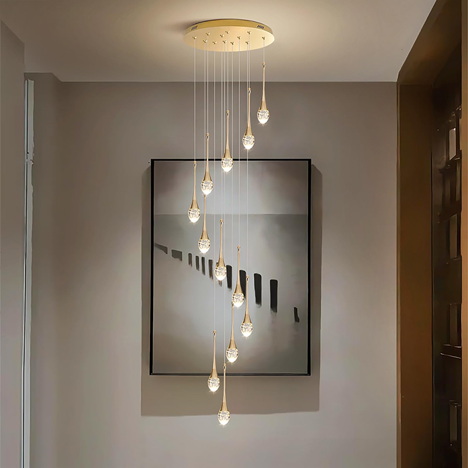 PCXEHUYP Raindrop Crystal High lights Staircase Chandelier with Remote Dimmable,Adjustable Height Long Pendant Ceiling Light Fixture for