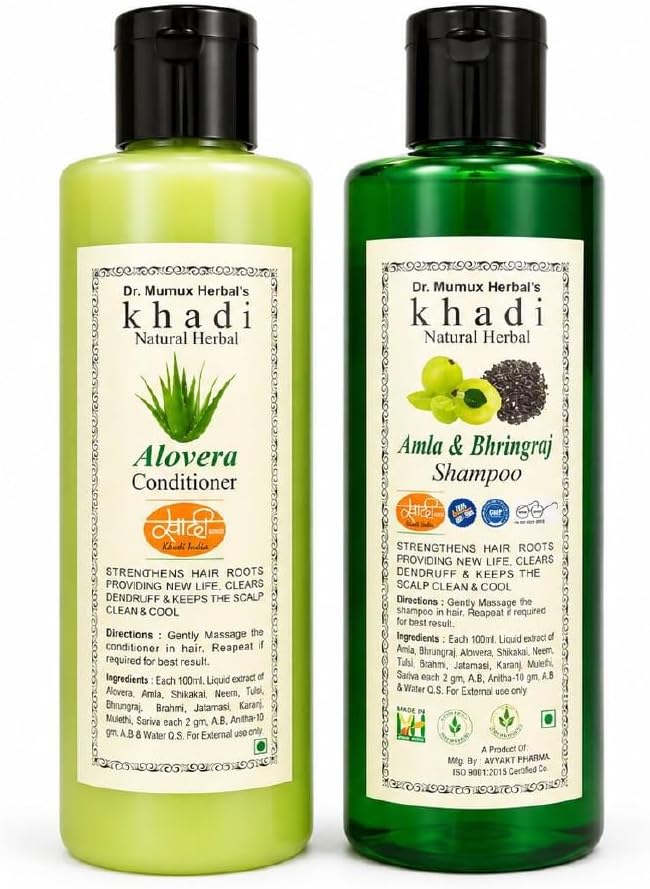 Khadi Natural Herbal Amla Bhringraj Shampoo and Alovera Conditioner Combo Dry and Frizzy Hair - Controls Hair Fall Parben And Sls FreeFor Hair Growth 200ML Combo