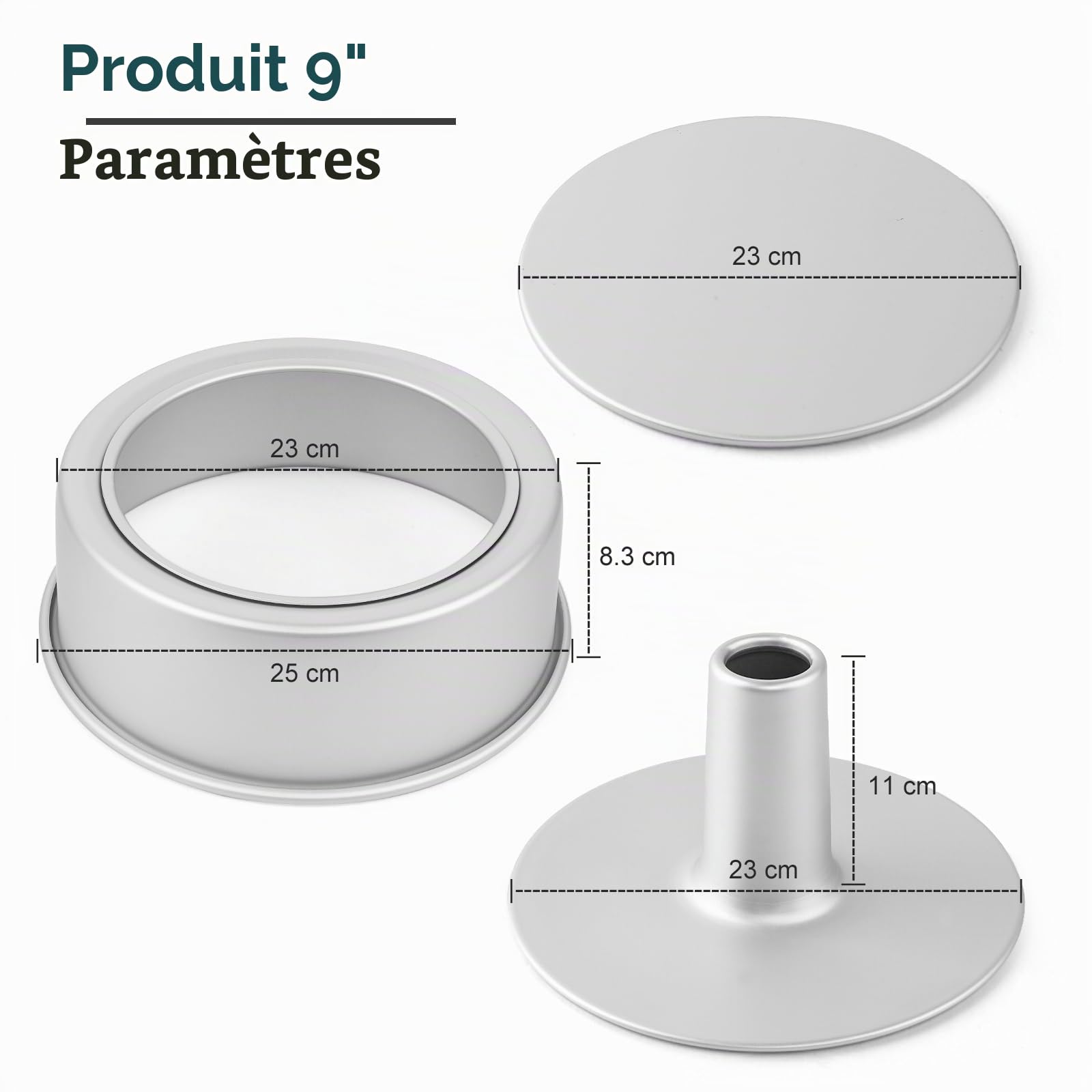 Moule à Gâteau Rond en Aluminium Anodisé, double base amovible, Ø 23 cm x H 8,3 cm, Argenté