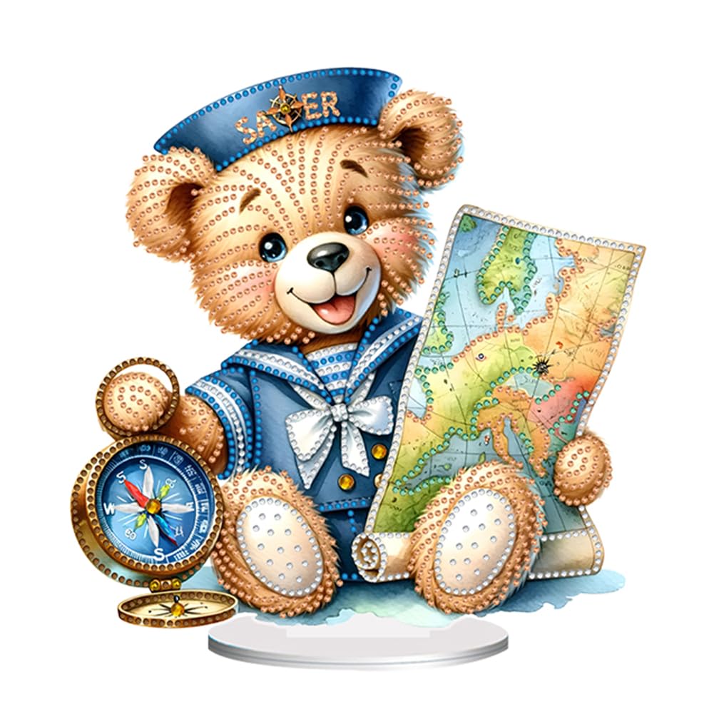 5D DIY Special Shape Sailing Bear Table Top Diamond Painting Ornament Kits, Diamond Art Table Top Acrylic Decorations, Exquisite Diamond Painting Desktop Decors for Home Office-02