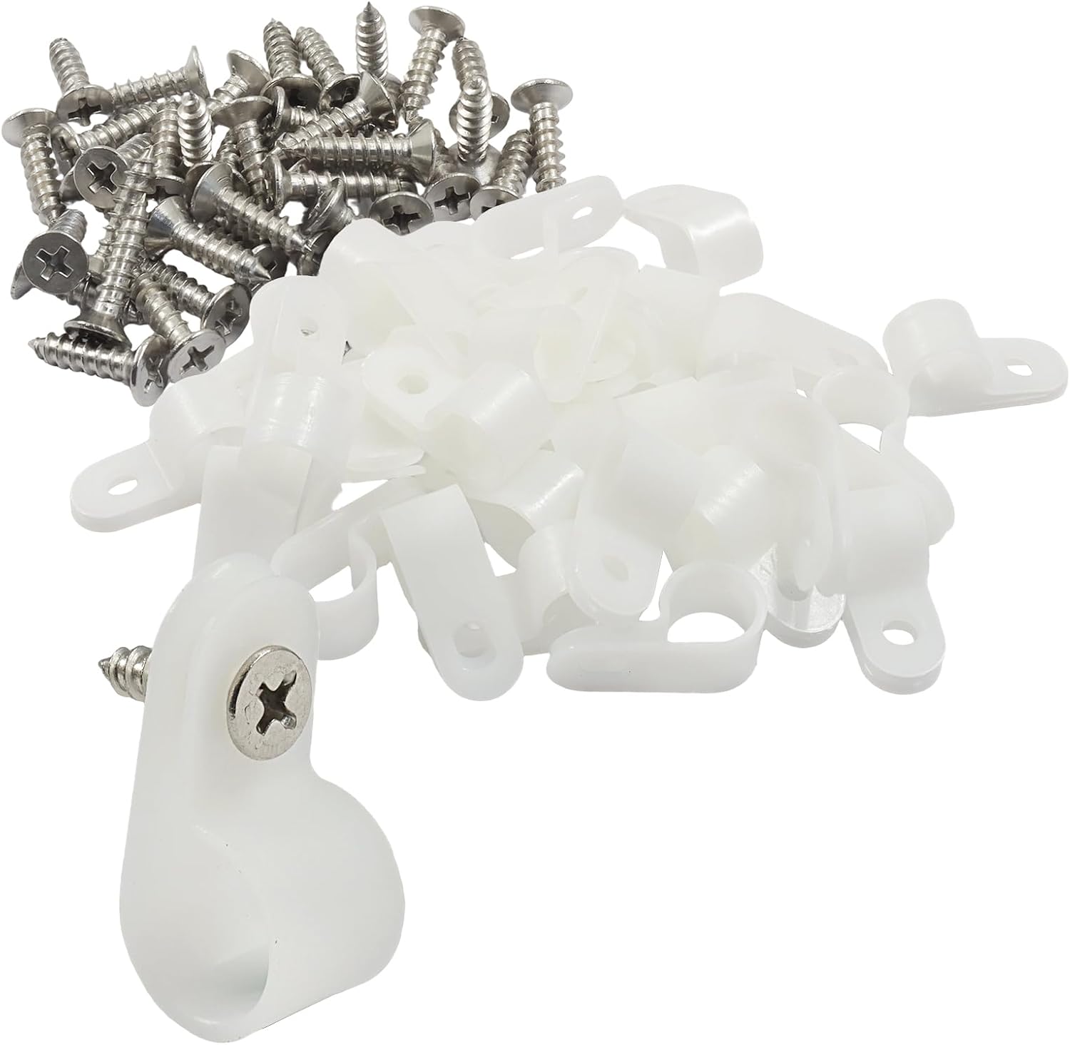 Piutouyar 1/2 Inch P-Type Rope Light Clips, 50 Pcs Nylon Cable Clamps Wire Clips R-Type Screw Mounting Cord Clips Organizer Cord Holder for Wire Management, White