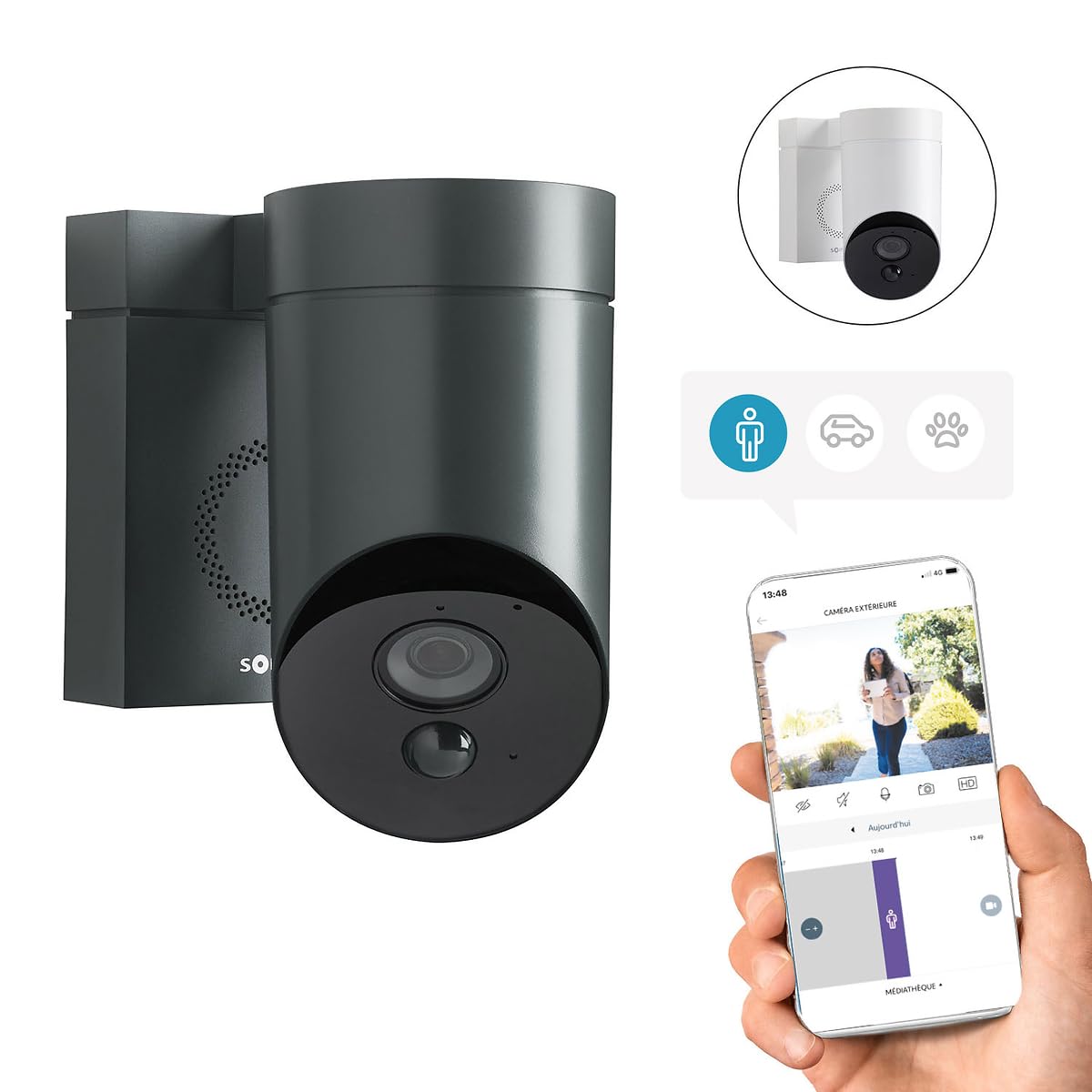 somfy 1875326 - Outdoor Camera 2 Grise, Caméras avec détection de Mouvement Intelligente, Sirène intégrée de 110 DB, Branchement Possible sur Un luminaire existant, Images Full HD 1080p