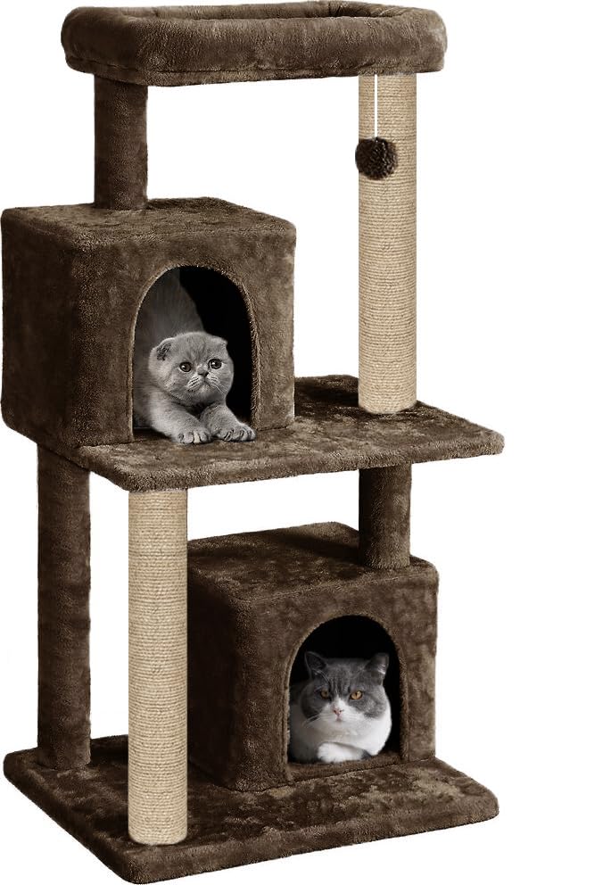 Multi-Level Cat Tree Tower, Plush with Jute Posts, 2 Condos, Scratching Posts, Platform (Brown) (FURR-84)-image-39
