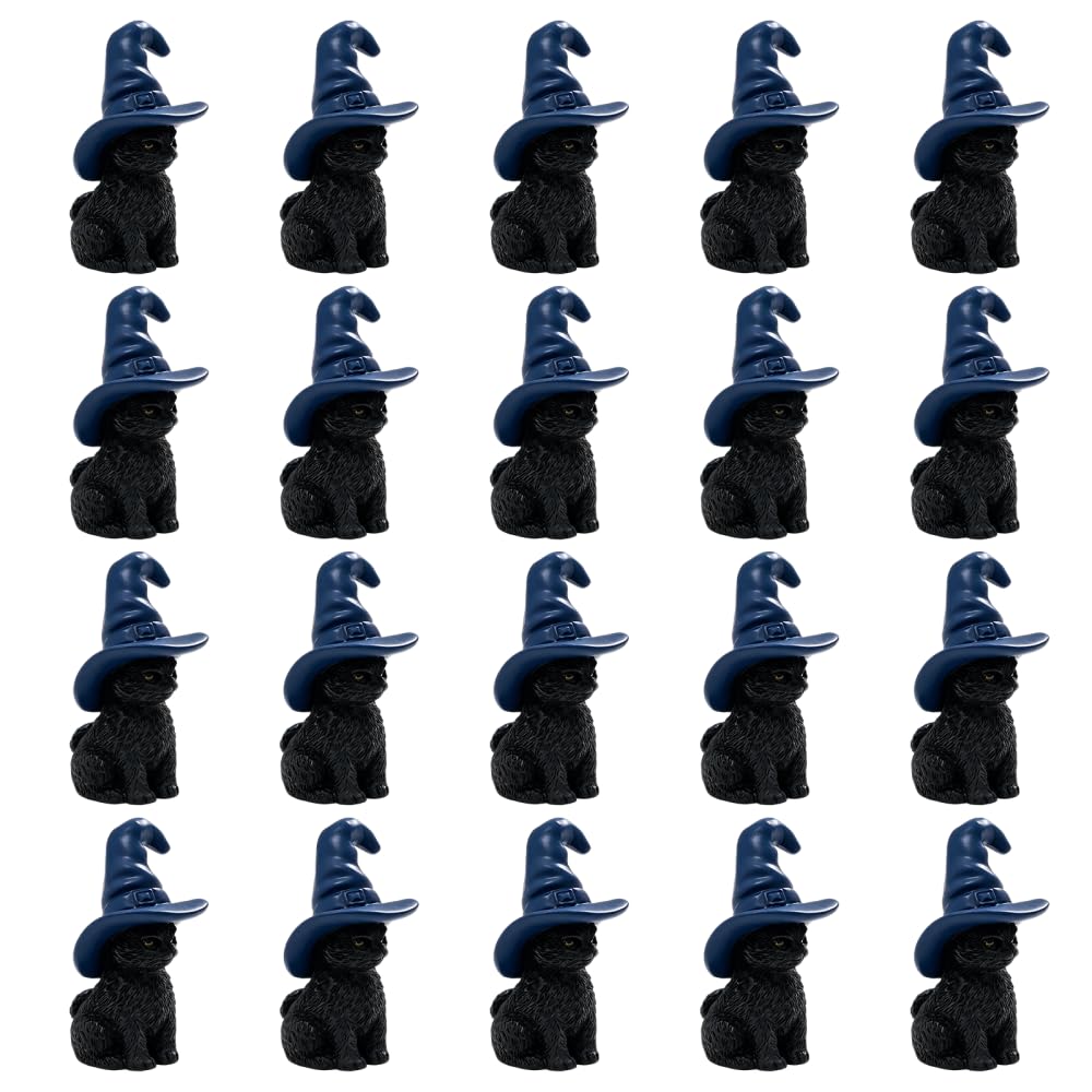 BDKMMS Mini Cat Halloween Figures, 20PCS Resin Cat Figurines with Witch Hat