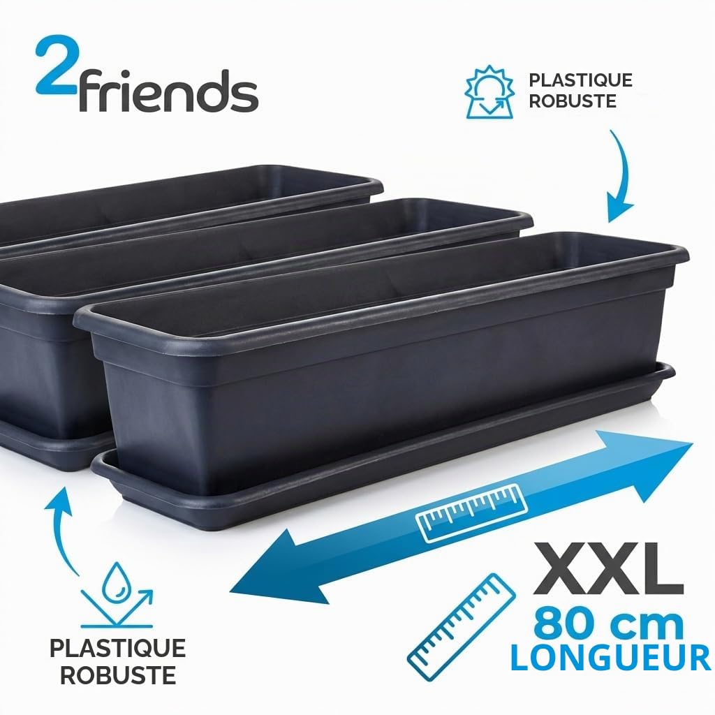 SUSTANIA 2friends Lot de 6 jardinières de balcon 80 cm avec soucoupe, en plastique, fabrication européenne, anthracite