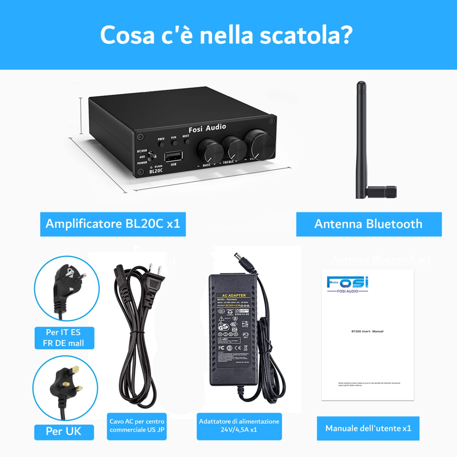 Fosi Audio BL20C Amplificatore Ricevitore con Bluetooth 160W X2, Audio Stereo 5.0, Lettore U-Disk con Amplificatore ad Alta Risoluzione a 2.1 Canali, Altoparlanti Passivi e Subwoofer Attivo