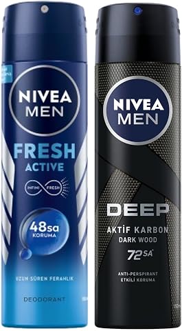 NIVEA Men Erkek Sprey Deodorant Deep Dimension 48 Saat Koruma, 150 ml, Erkeksi Koku + NIVEA Men Erkek Sprey Deodorant Fresh Active 150ml, Ter ve Ter Kokusuna Karşı 48 Saat Deodorant Koruması