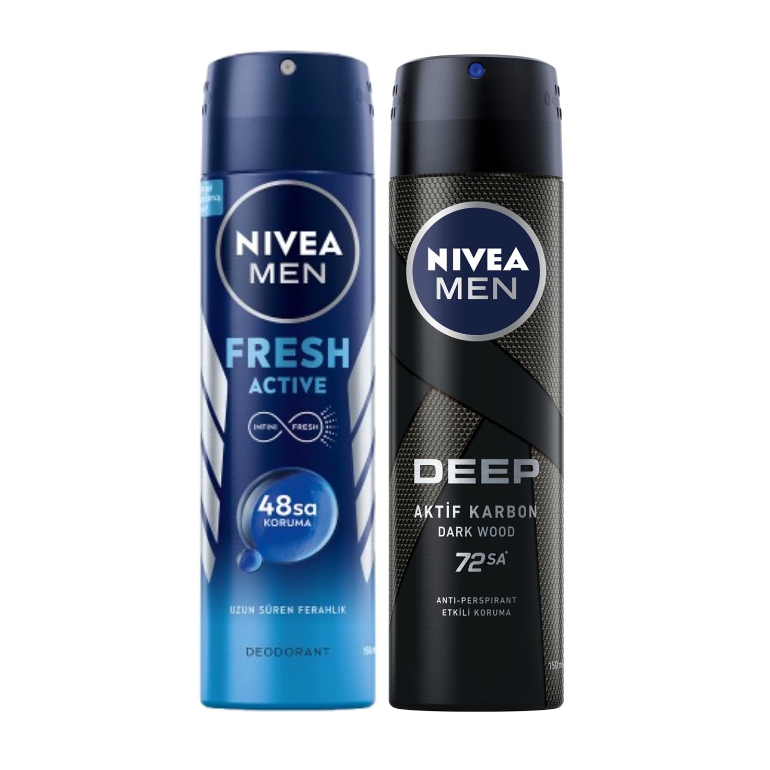 NIVEA Men Erkek Sprey Deodorant Deep Dimension 48 Saat Koruma, 150 ml, Erkeksi Koku + NIVEA Men Erkek Sprey Deodorant Fresh Active 150ml, Ter ve Ter Kokusuna Karşı 48 Saat Deodorant Koruması