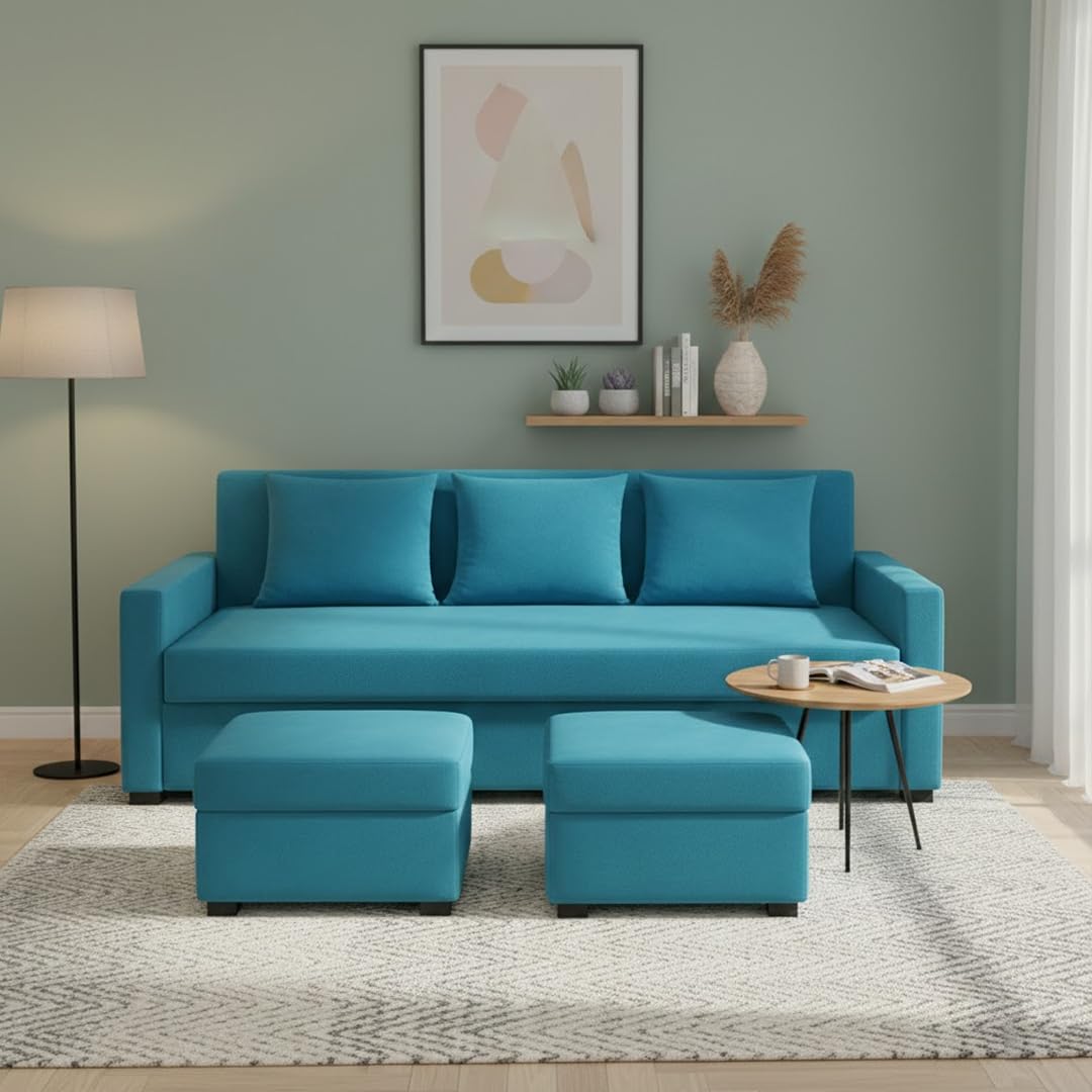 FURNY Lily 3 Seater Fabric Sofa Set with 2 Ottomans (Aqua Blue) with Velvet Finish | Durable Comfort | Ideal for Living Room | Breathable material-image-2