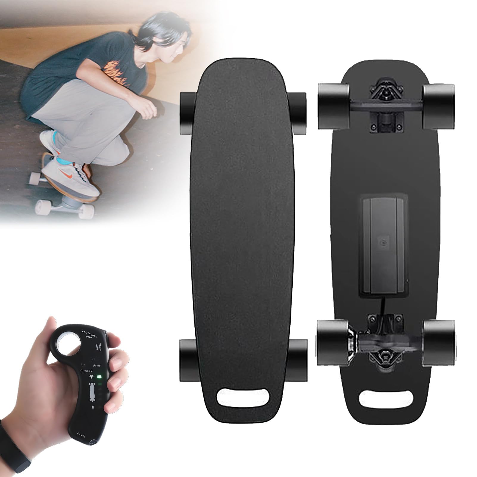 Skateboard éLectrique Longboard avec TéLéCommande Sans Fil, 4 Vitesses RéGlables, Vitesse Maximale de 20 à 35 Km, Autonomie Simple de 8 à 22 Km, Autonomie Double de 15 à 30 Km SingleDrive-15km