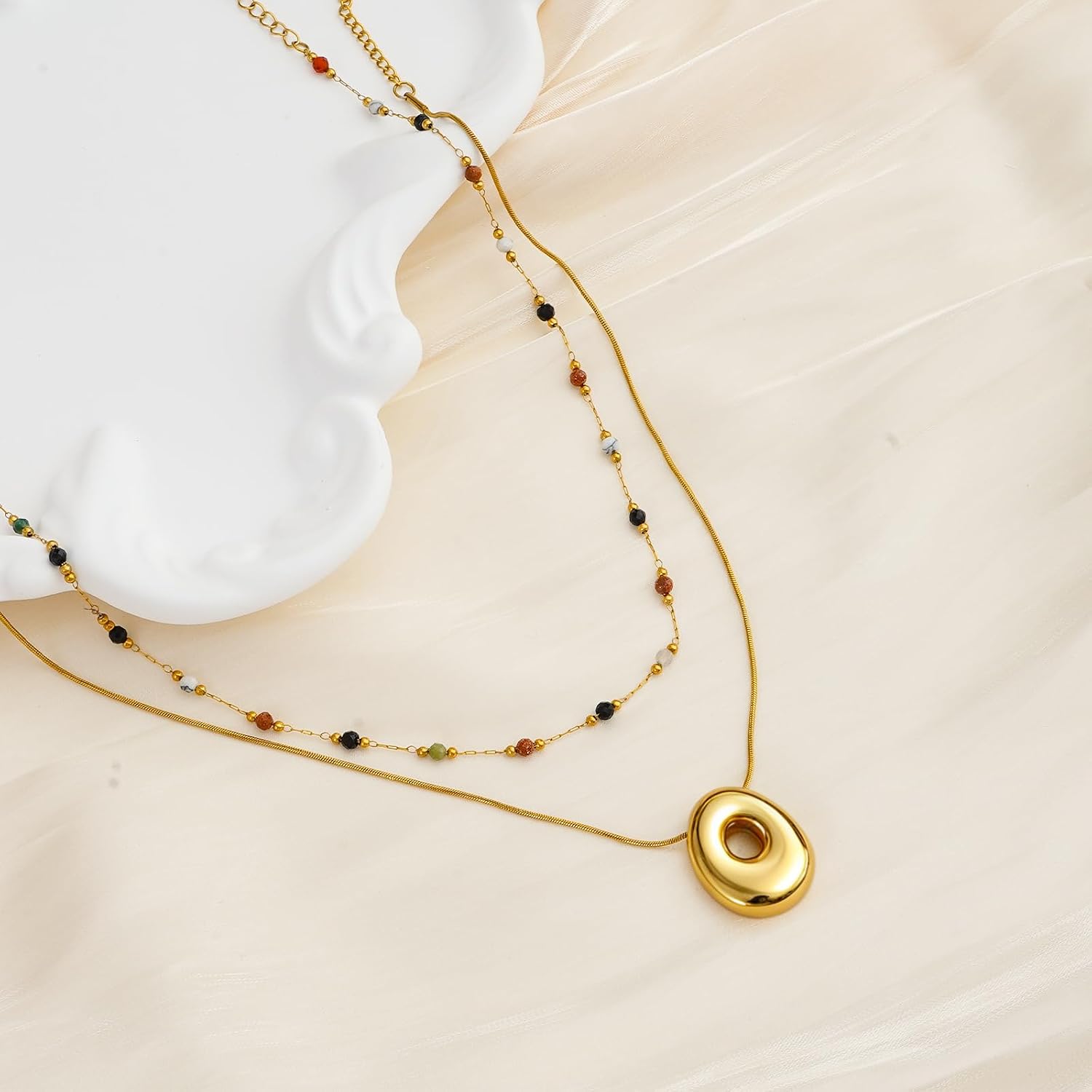 Boho Layered Necklaces for Women Colorful Beaded Choker Gold Irregular Oval Pendant Set Trendy Minimalist Snake Chain Dainty 14K Gold Plated Stacked Necklaces Jewelry