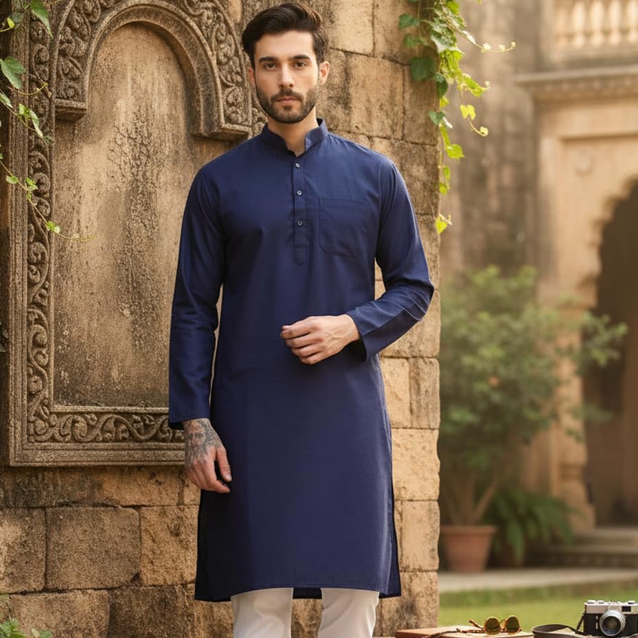 Image of Men's Cotton Blend Blend Knee Length Solid Color Style Stright Long Mandrin Collor Ethnic Casual Wear Kurta Only